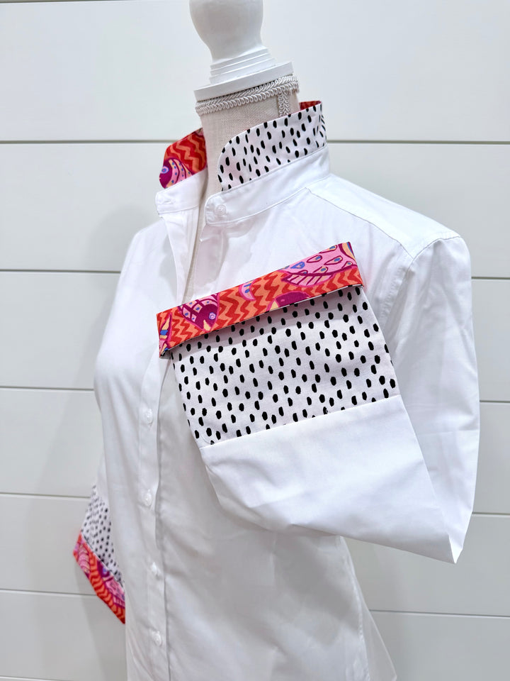 Beth Bell Sleeve - White w Orange Zigzag & Black Raindrops (LB59)