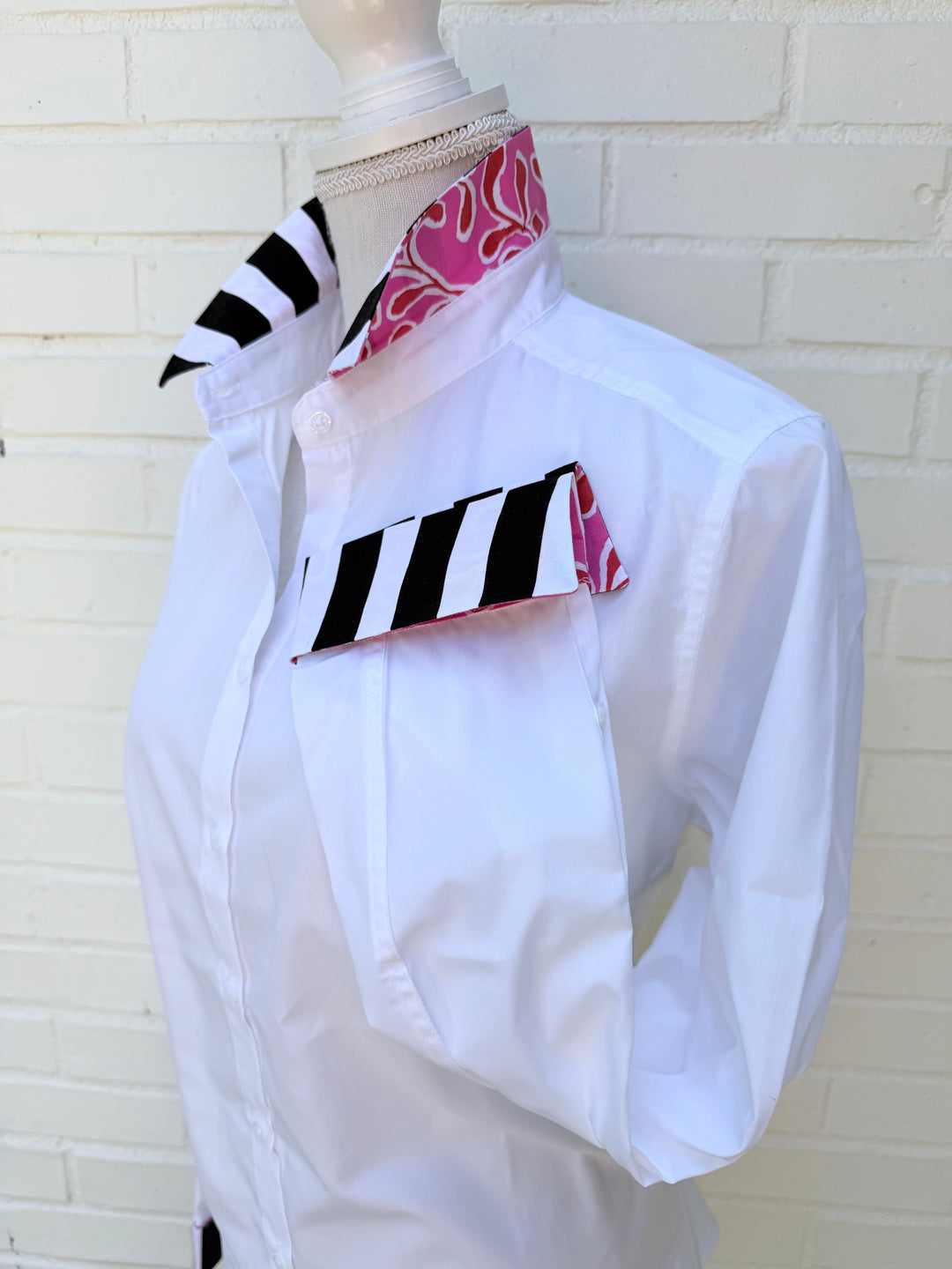 Diana French Cuff - White w Black Stripe & Pink/Red Floral (DFC25)