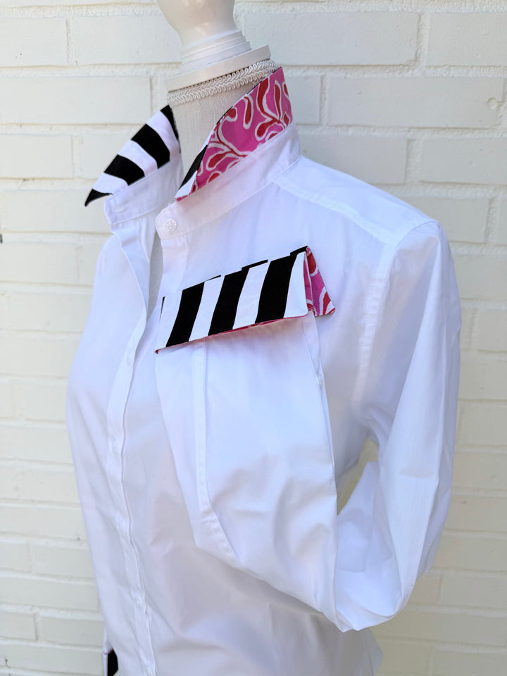 Diana French Cuff - White w Black Stripe & Pink/Red Floral (DFC25)