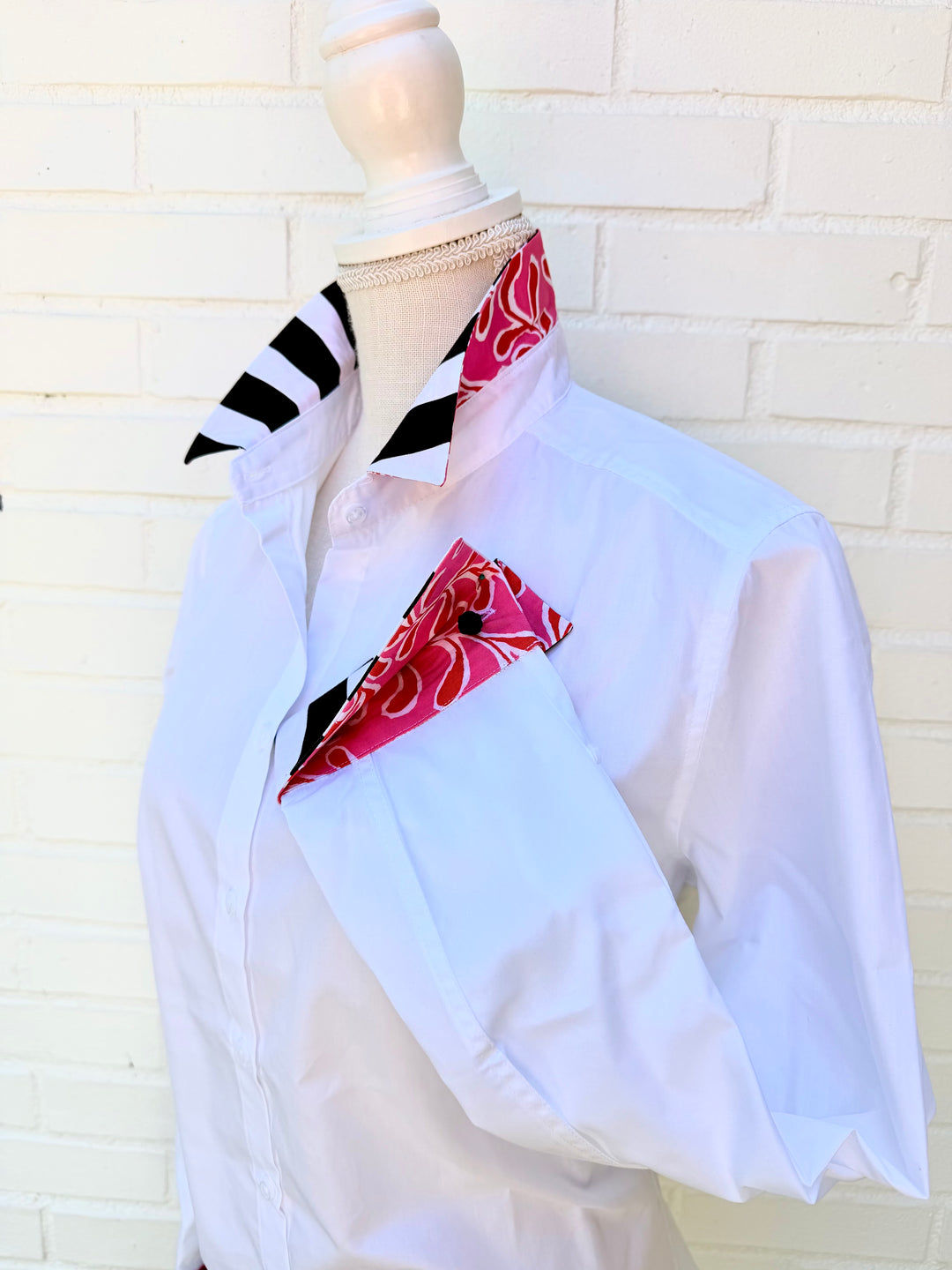 Diana French Cuff - White w Black Stripe & Pink/Red Floral (DFC25)