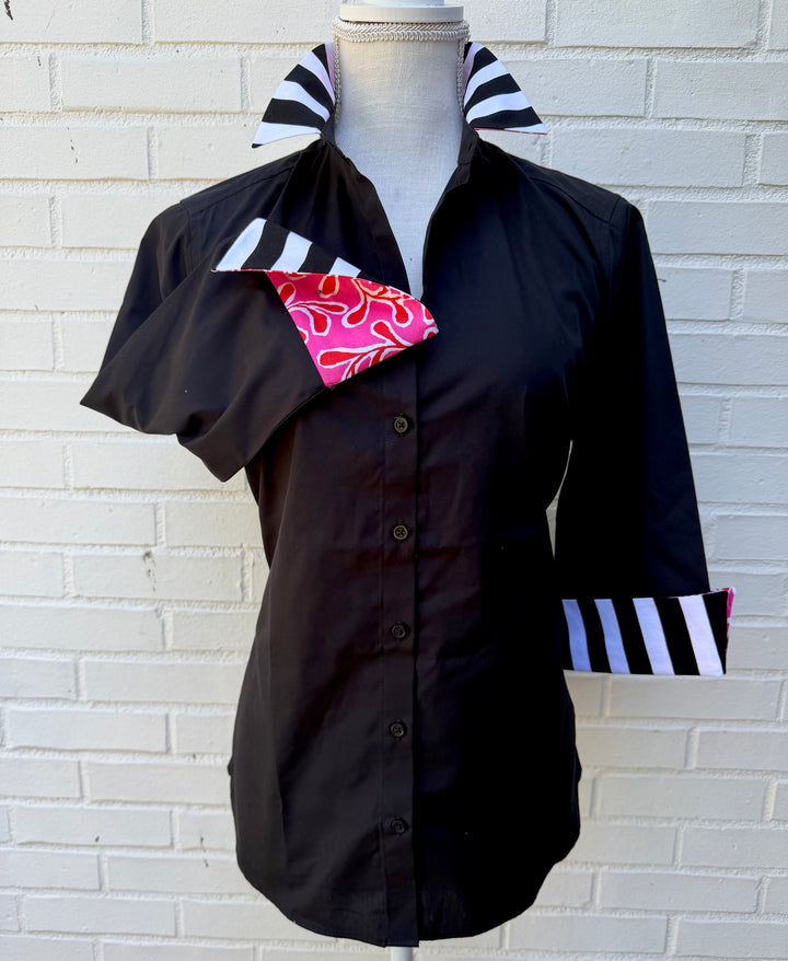 Elizabeth 3/4 Sleeve  - Black w Black Stripe & Pink/Red Floral (3430)