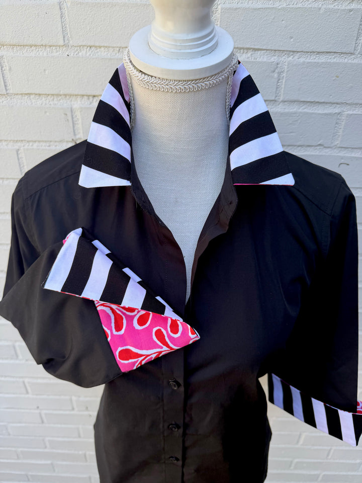 Elizabeth 3/4 Sleeve  - Black w Black Stripe & Pink/Red Floral (3430)