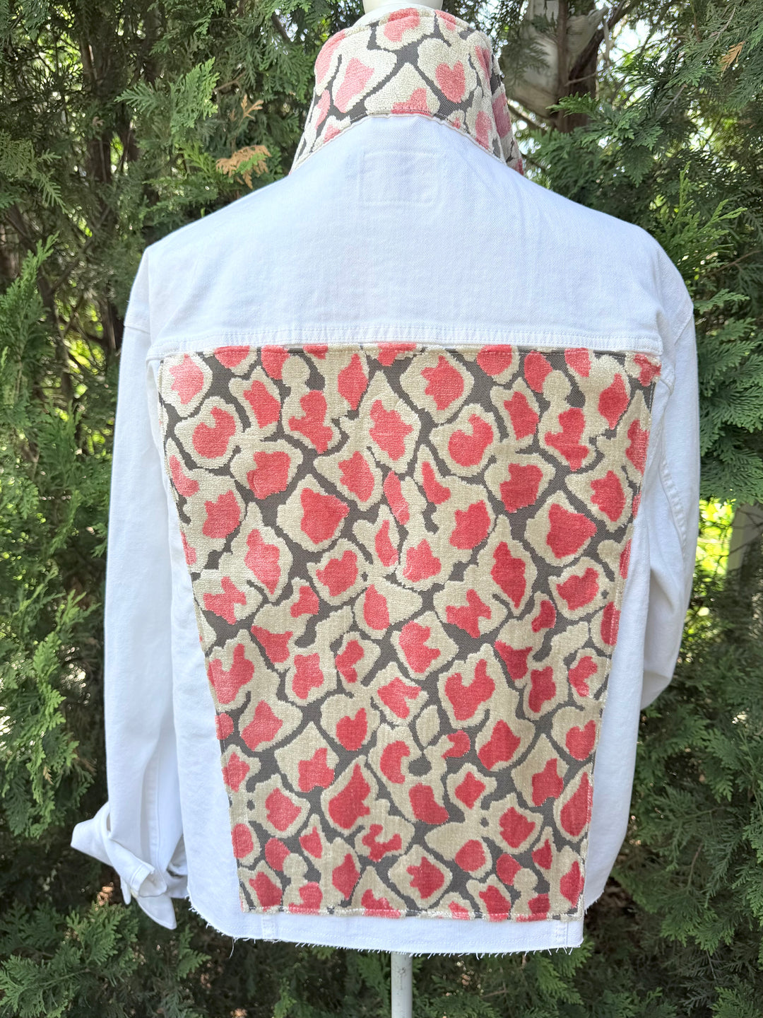 Stevie Denim Jacket - White Denim w Pink & Taupe Animal Velvet (STW02)