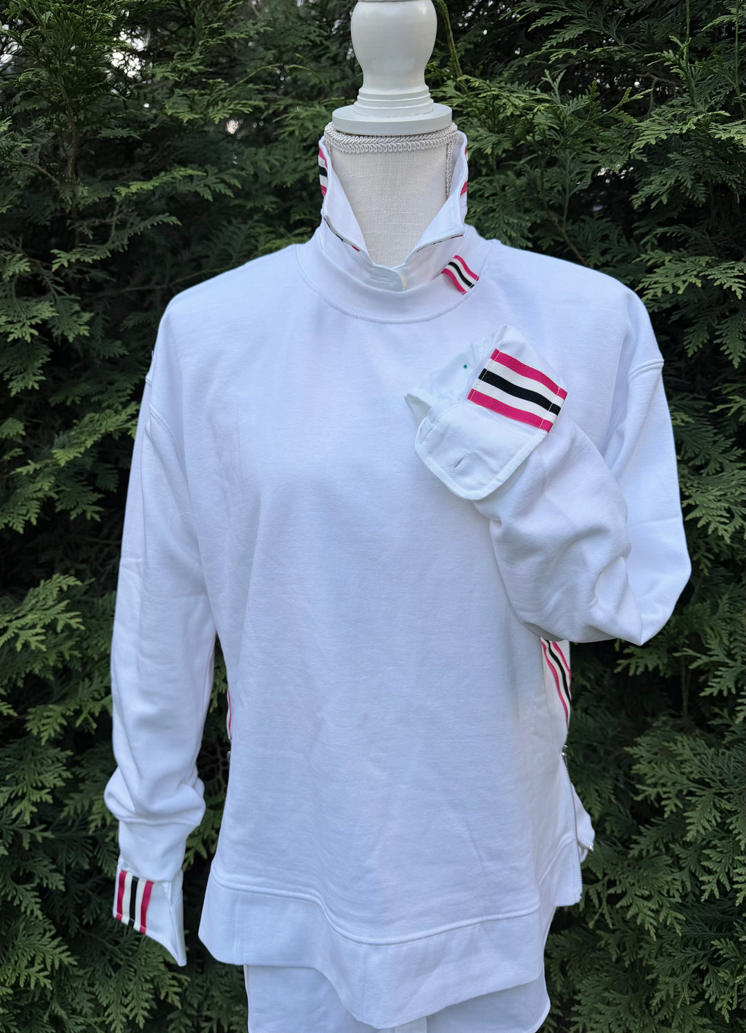 Danny Crew Neck Sweatshirt - White w Black & Pink Stripe Ribbon (Danny17)