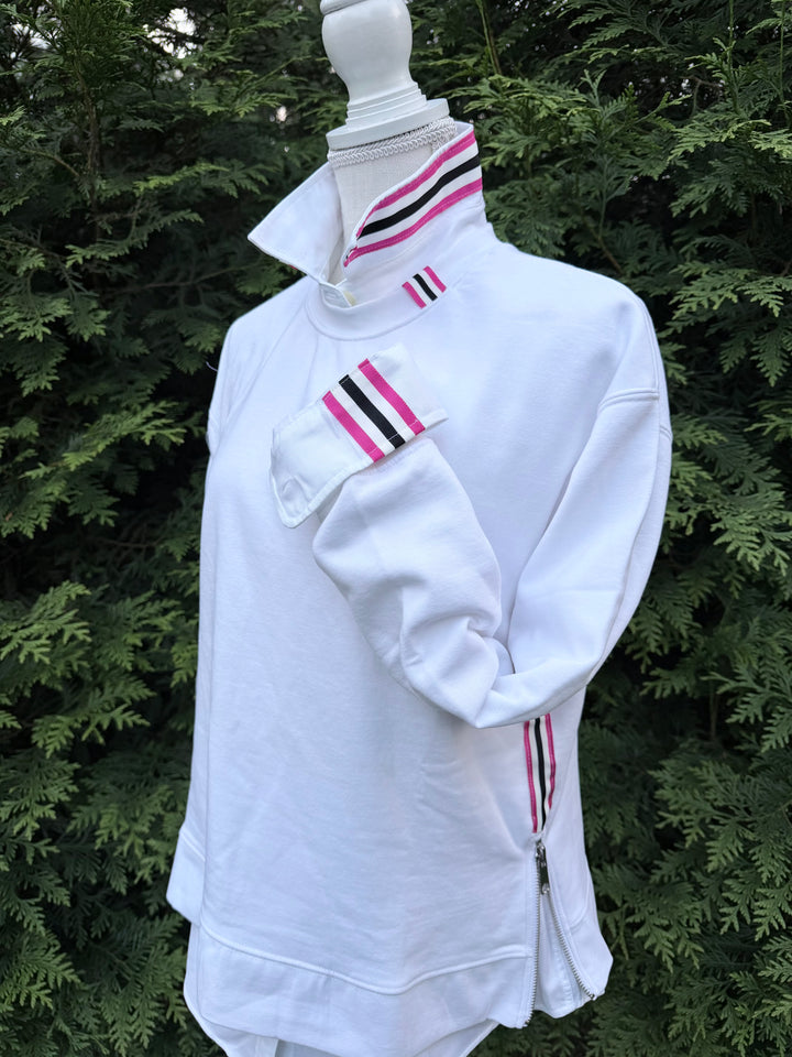 Danny Crew Neck Sweatshirt - White w Black & Pink Stripe Ribbon (Danny17)