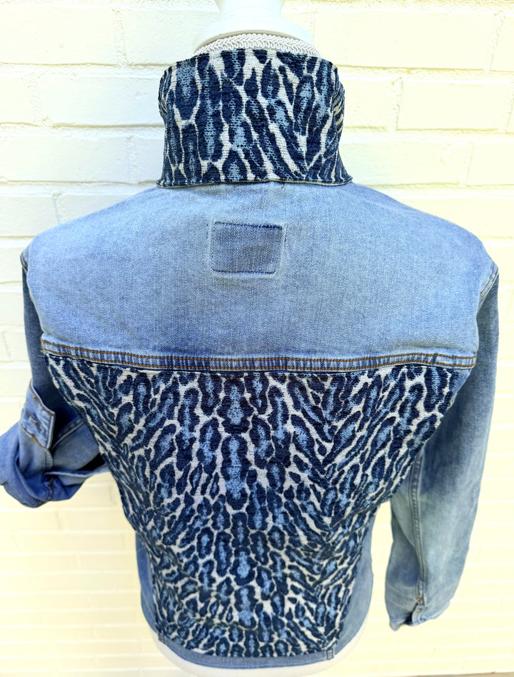 Stevie Denim Jacket - Denim w Black & Blue Leopard Velvet (ST18)