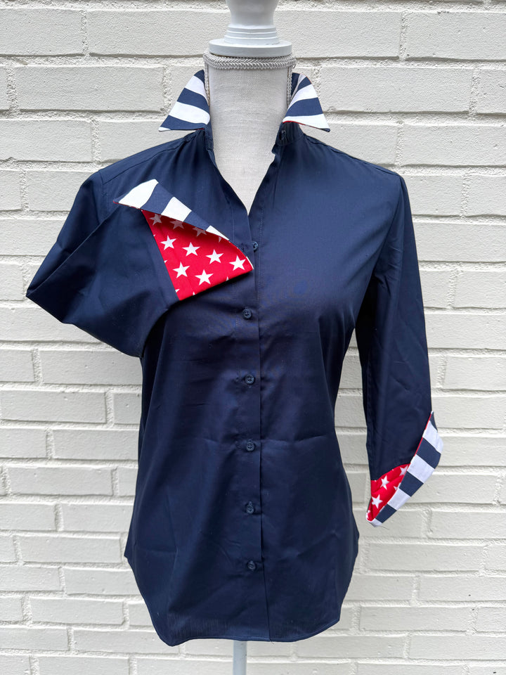 Elizabeth 3/4 Sleeve  - Navy w Red Stars & Navy Stripes