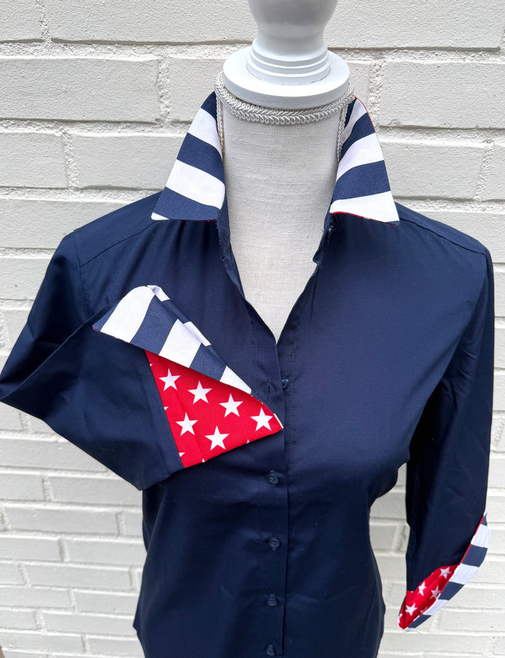 Elizabeth 3/4 Sleeve  - Navy w Red Stars & Navy Stripes