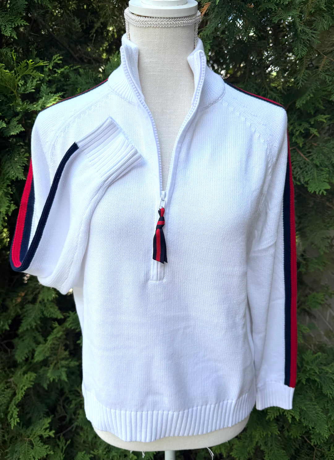 Rosanna 1/2 Zip Sweater - White w Navy & Red Stripe