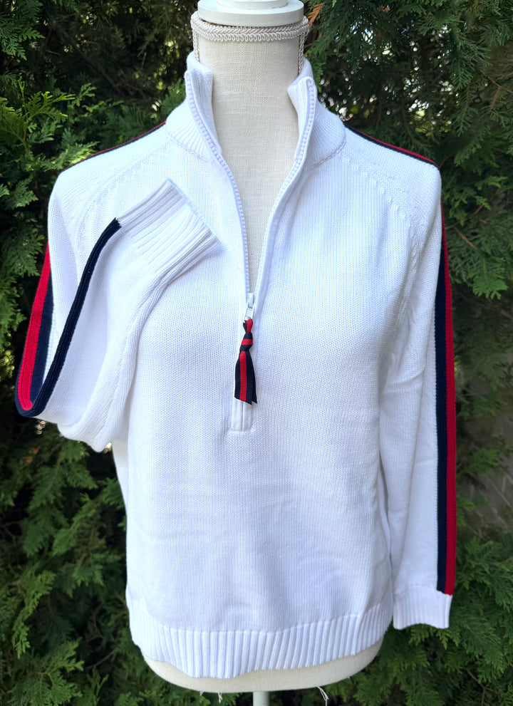 Rosanna 1/2 Zip Sweater - White w Navy & Red Stripe