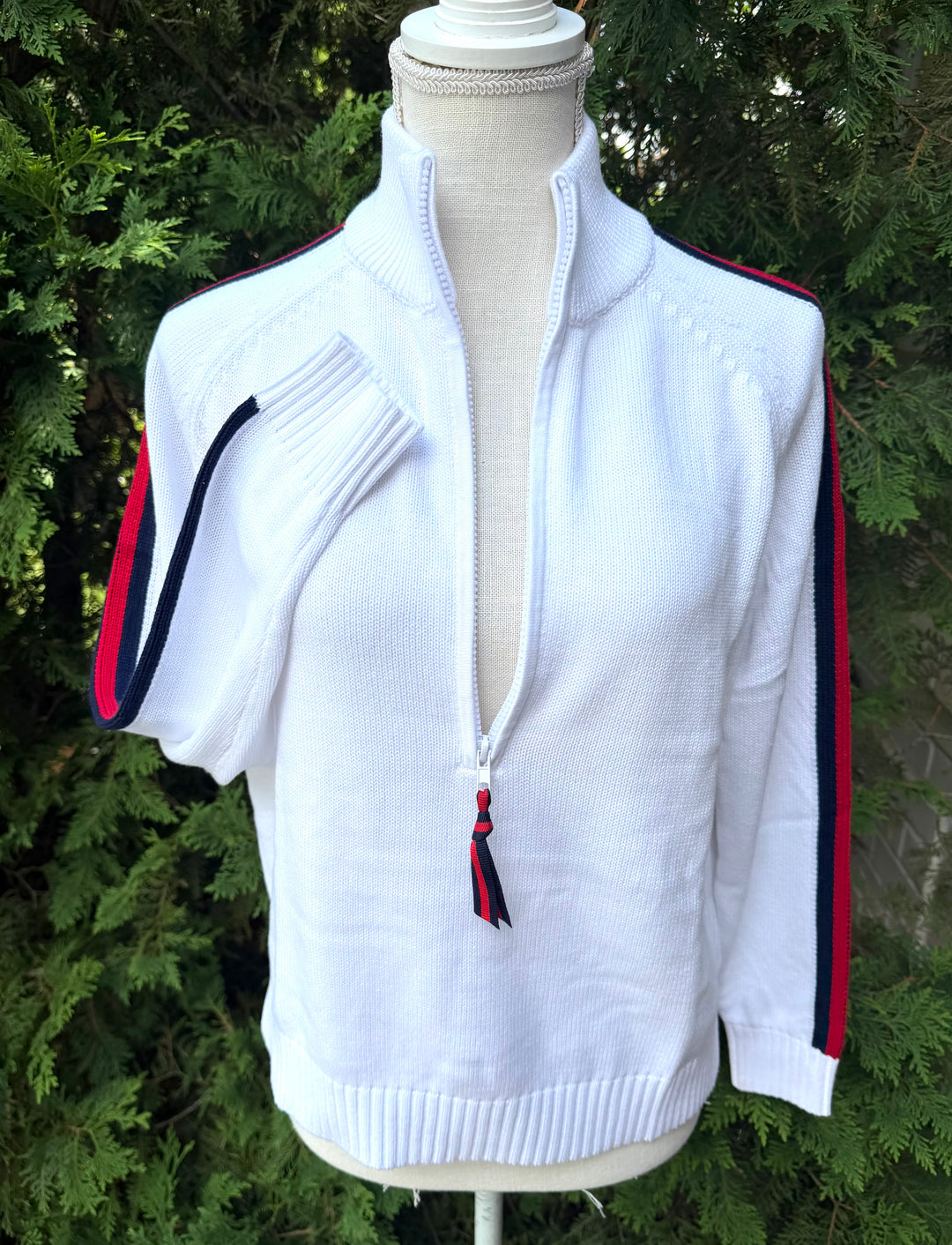 Rosanna 1/2 Zip Sweater - White w Navy & Red Stripe