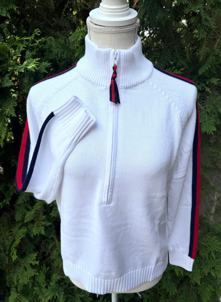 Rosanna 1/2 Zip Sweater - White w Navy & Red Stripe