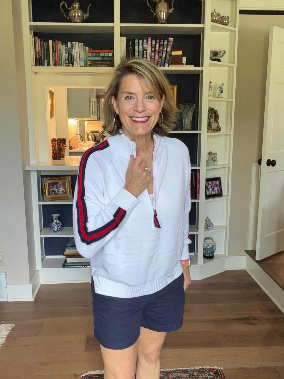 Rosanna 1/2 Zip Sweater - White w Navy & Red Stripe