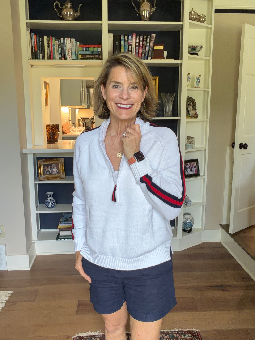 Rosanna 1/2 Zip Sweater - White w Navy & Red Stripe
