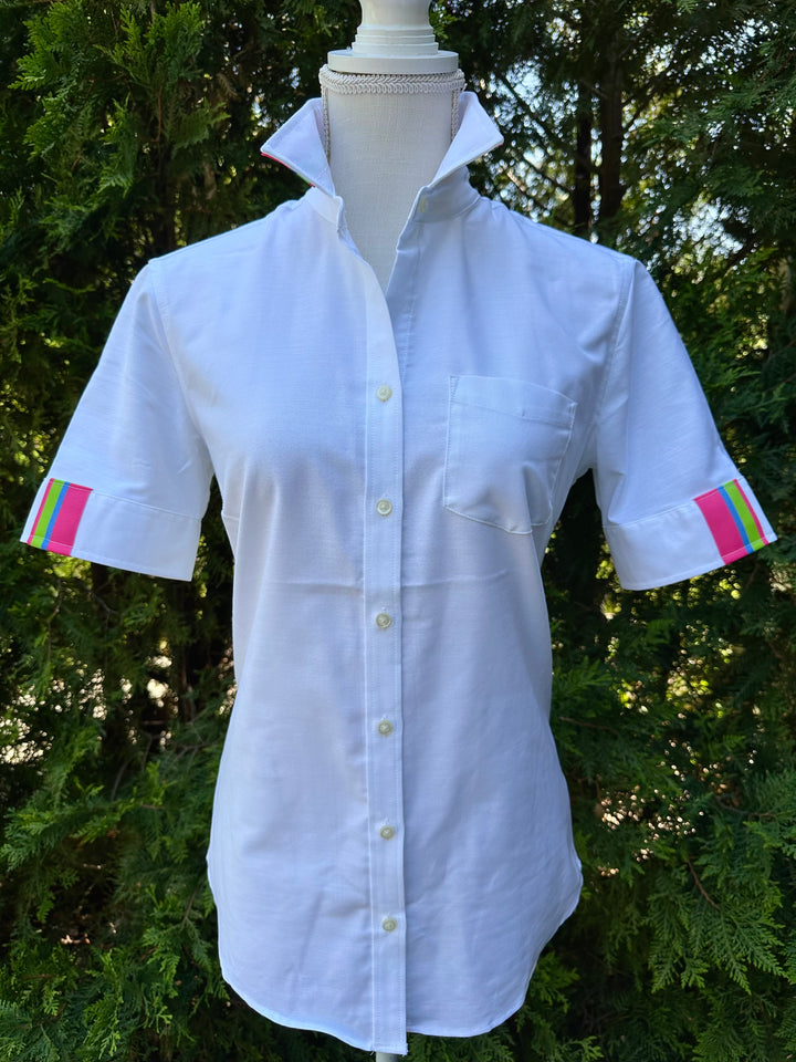 Jolene SS Oxford - White w Pink, Green & Blue Stripe Ribbon (Jolene4)