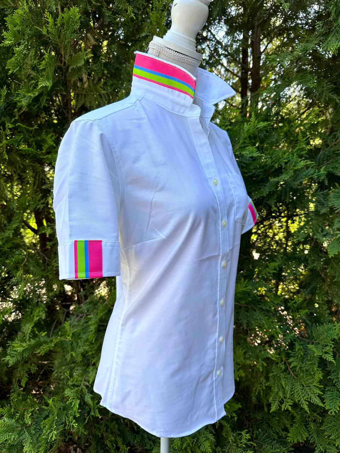 Jolene SS Oxford - White w Pink, Green & Blue Stripe Ribbon (Jolene4)