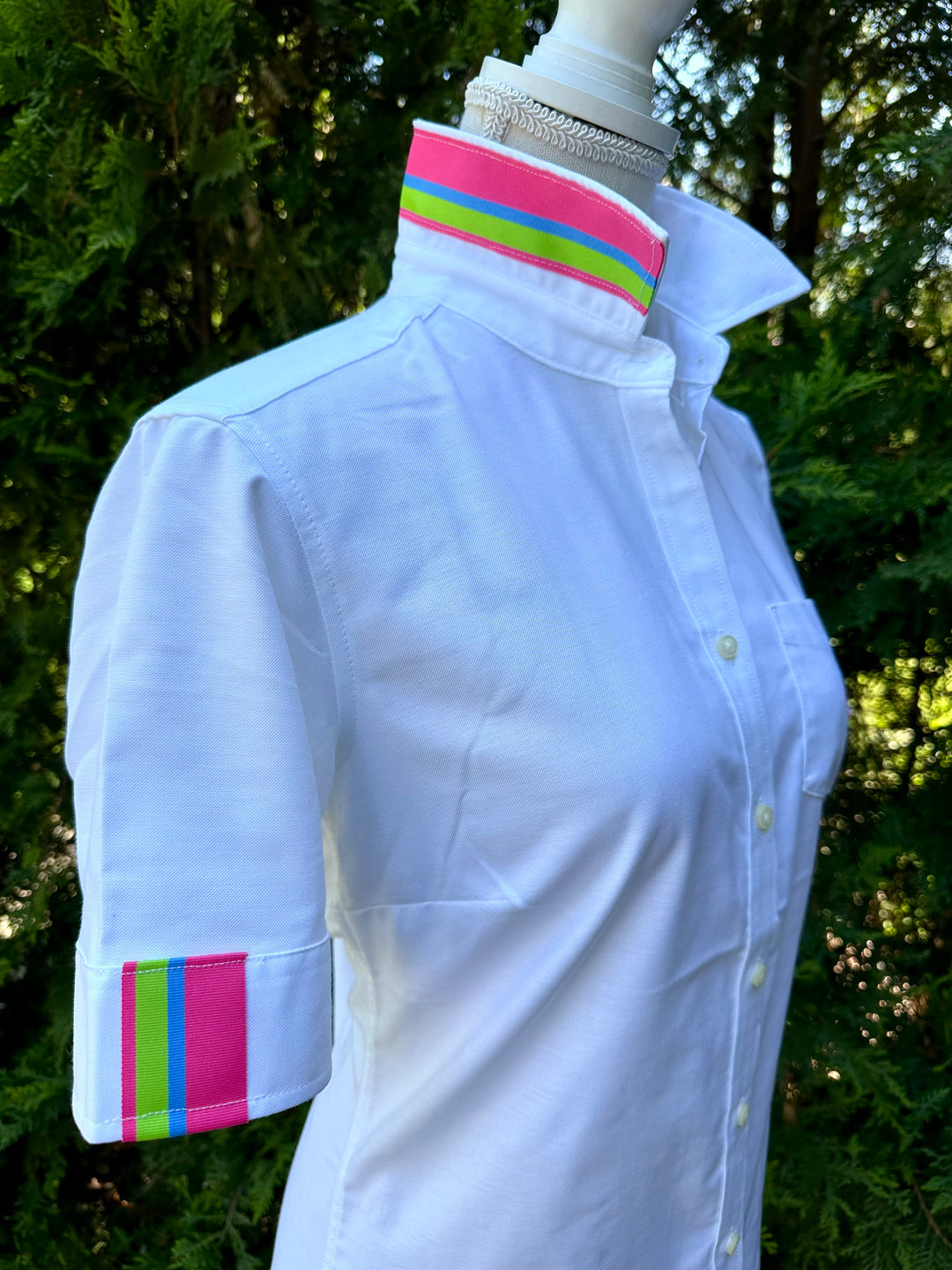 Jolene SS Oxford - White w Pink, Green & Blue Stripe Ribbon (Jolene4)