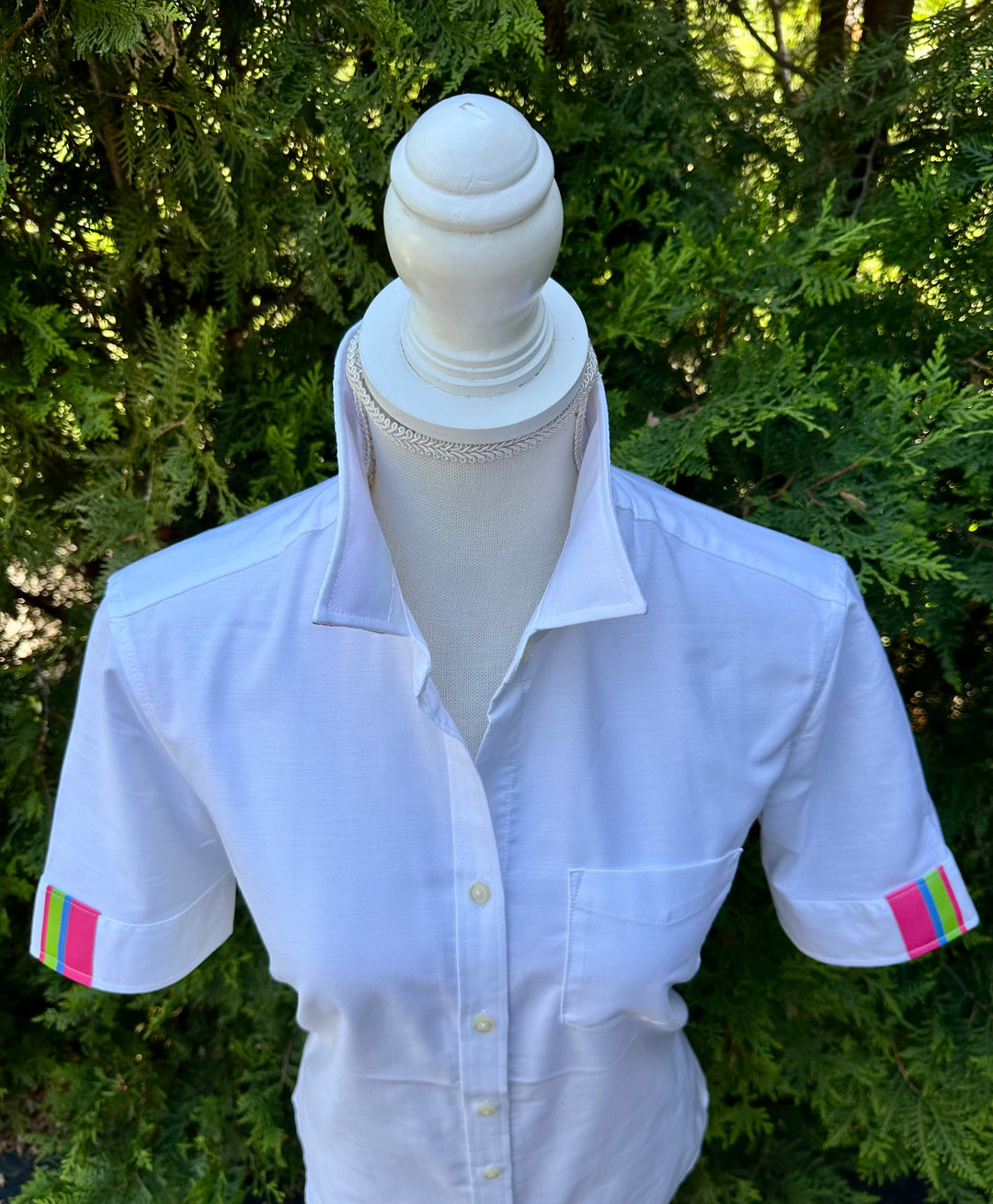 Jolene SS Oxford - White w Pink, Green & Blue Stripe Ribbon (Jolene4)