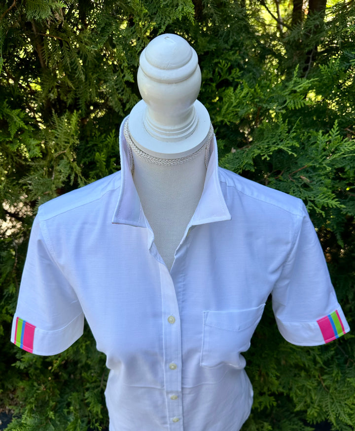 Jolene SS Oxford - White w Pink, Green & Blue Stripe Ribbon (Jolene4)