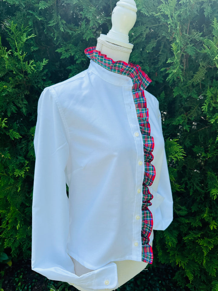 Sophia Holiday Ribbon Untucked Oxford - White w Red Plaid Ribbon (SPH02)