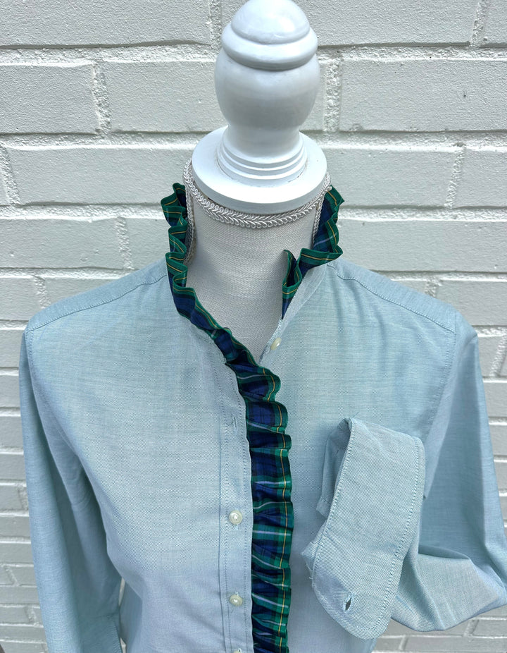 Sophia Holiday Ribbon Untucked Oxford  - Green w Plaid Ribbon (SPH01)