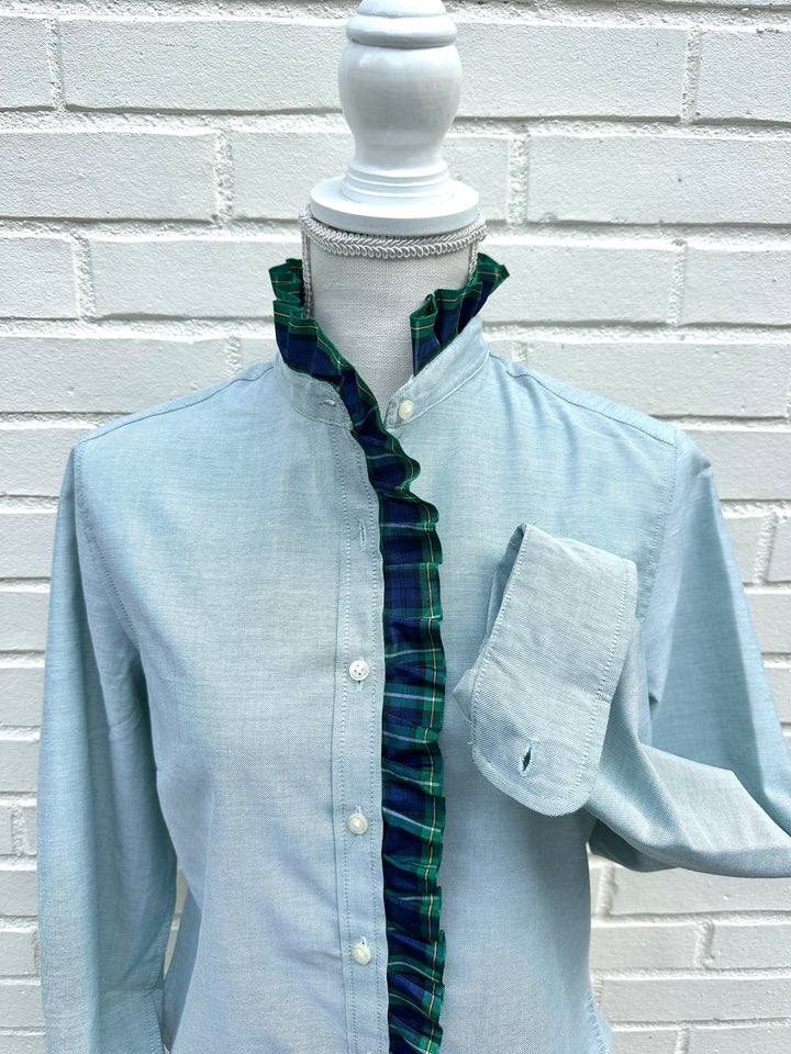 Sophia Holiday Ribbon Untucked Oxford  - Green w Plaid Ribbon (SPH01)