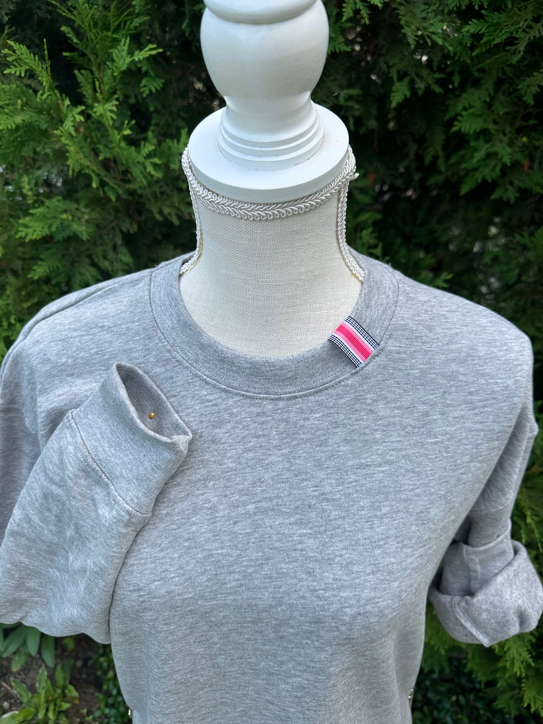 Danny Crew Neck Sweatshirt - Grey w Black, Coral & Pink Stripe Ribbon (Danny13)