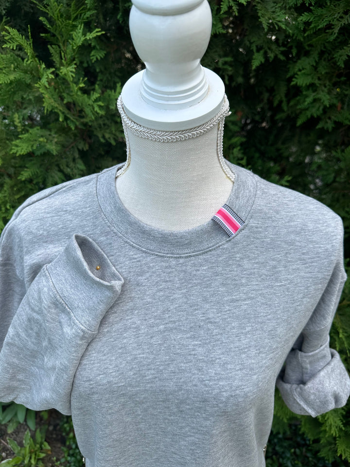 Danny Crew Neck Sweatshirt - Grey w Black, Coral & Pink Stripe Ribbon (Danny13)