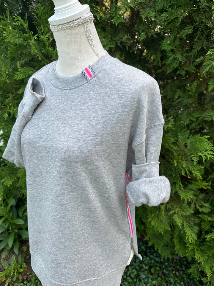 Danny Crew Neck Sweatshirt - Grey w Black, Coral & Pink Stripe Ribbon (Danny13)