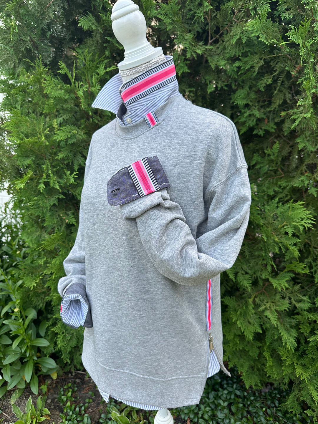 Danny Crew Neck Sweatshirt - Grey w Black, Coral & Pink Stripe Ribbon (Danny13)