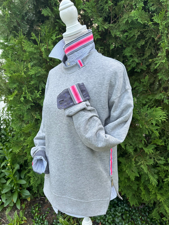 Danny Crew Neck Sweatshirt - Grey w Black, Coral & Pink Stripe Ribbon (Danny13)