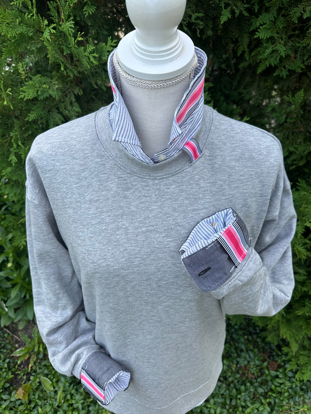 Danny Crew Neck Sweatshirt - Grey w Black, Coral & Pink Stripe Ribbon (Danny13)