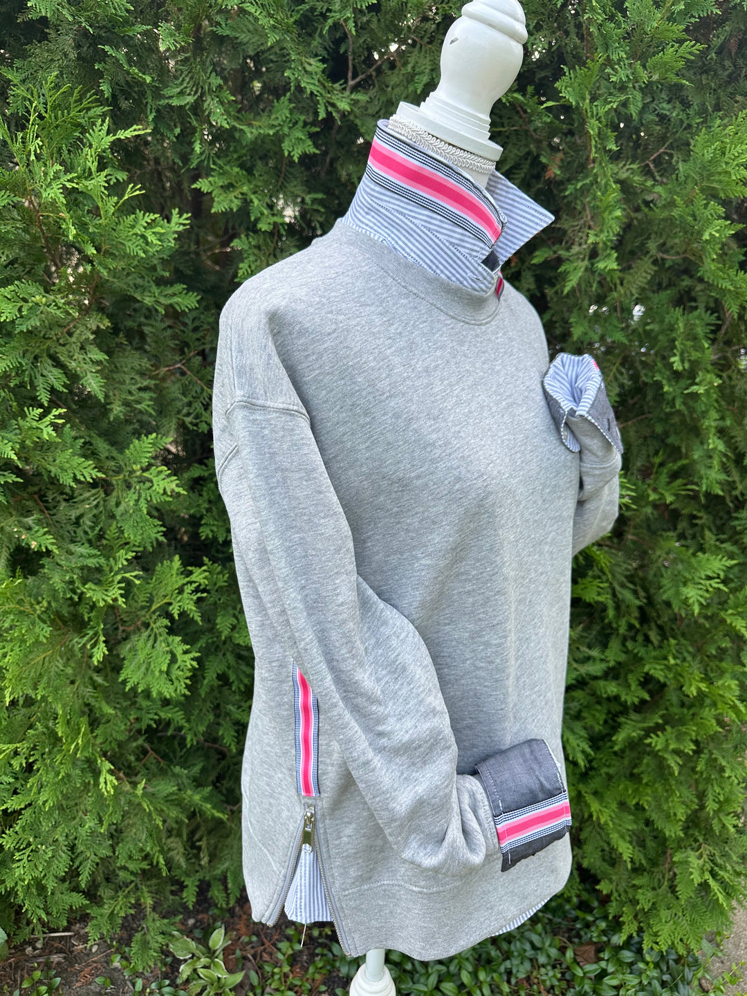Danny Crew Neck Sweatshirt - Grey w Black, Coral & Pink Stripe Ribbon (Danny13)