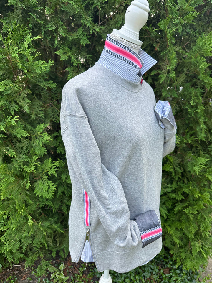 Danny Crew Neck Sweatshirt - Grey w Black, Coral & Pink Stripe Ribbon (Danny13)