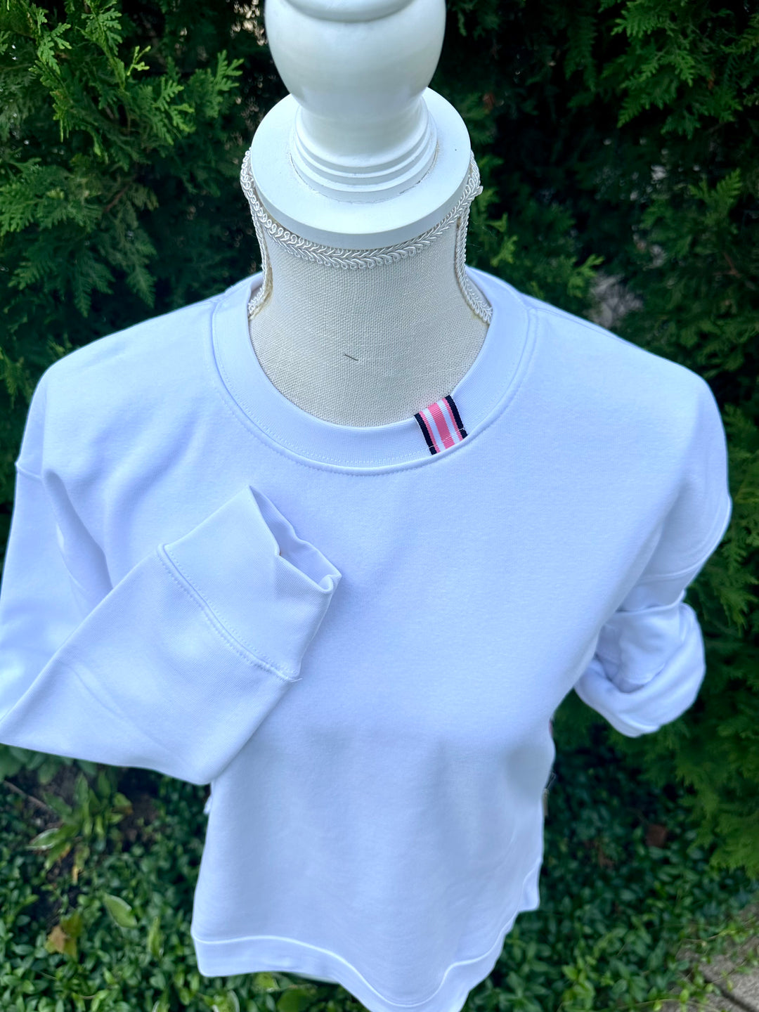 Danny Crew Neck Sweatshirt - White w Navy & Pink Stripe Ribbon (Danny12)