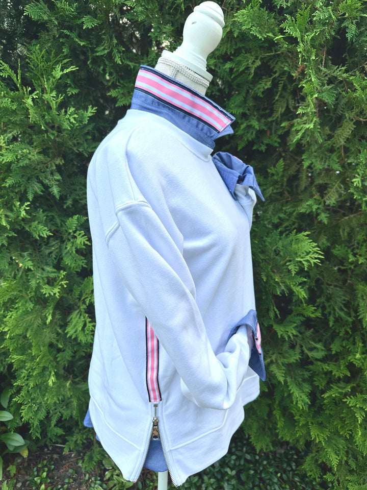 Danny Crew Neck Sweatshirt - White w Navy & Pink Stripe Ribbon (Danny12)