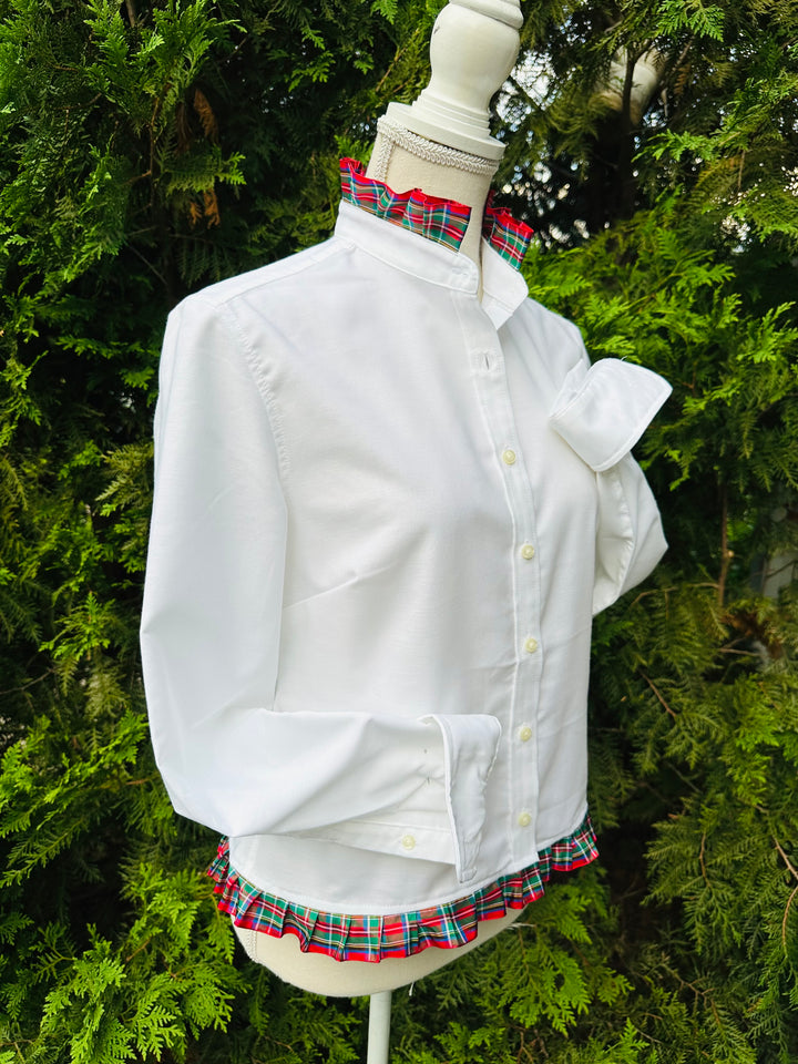 Mary Tyler Moore Holiday Ribbon Untucked Oxford  - White w Plaid Ribbon (MTM02)