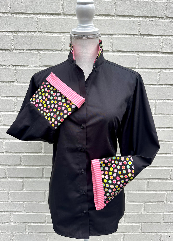 Beth Bell Sleeve - Black w Ditzy Dots & Pink Stripes (LB53)