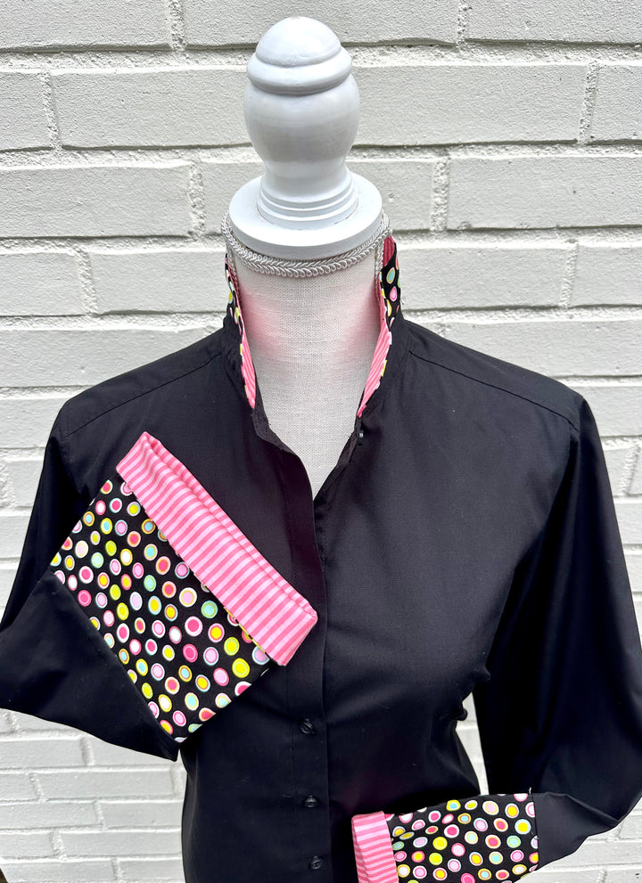 Beth Bell Sleeve - Black w Ditzy Dots & Pink Stripes (LB53)