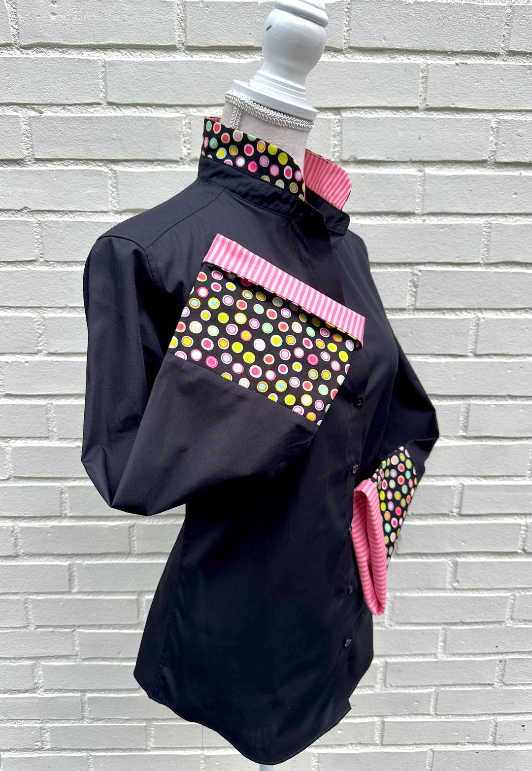 Beth Bell Sleeve - Black w Ditzy Dots & Pink Stripes (LB53)