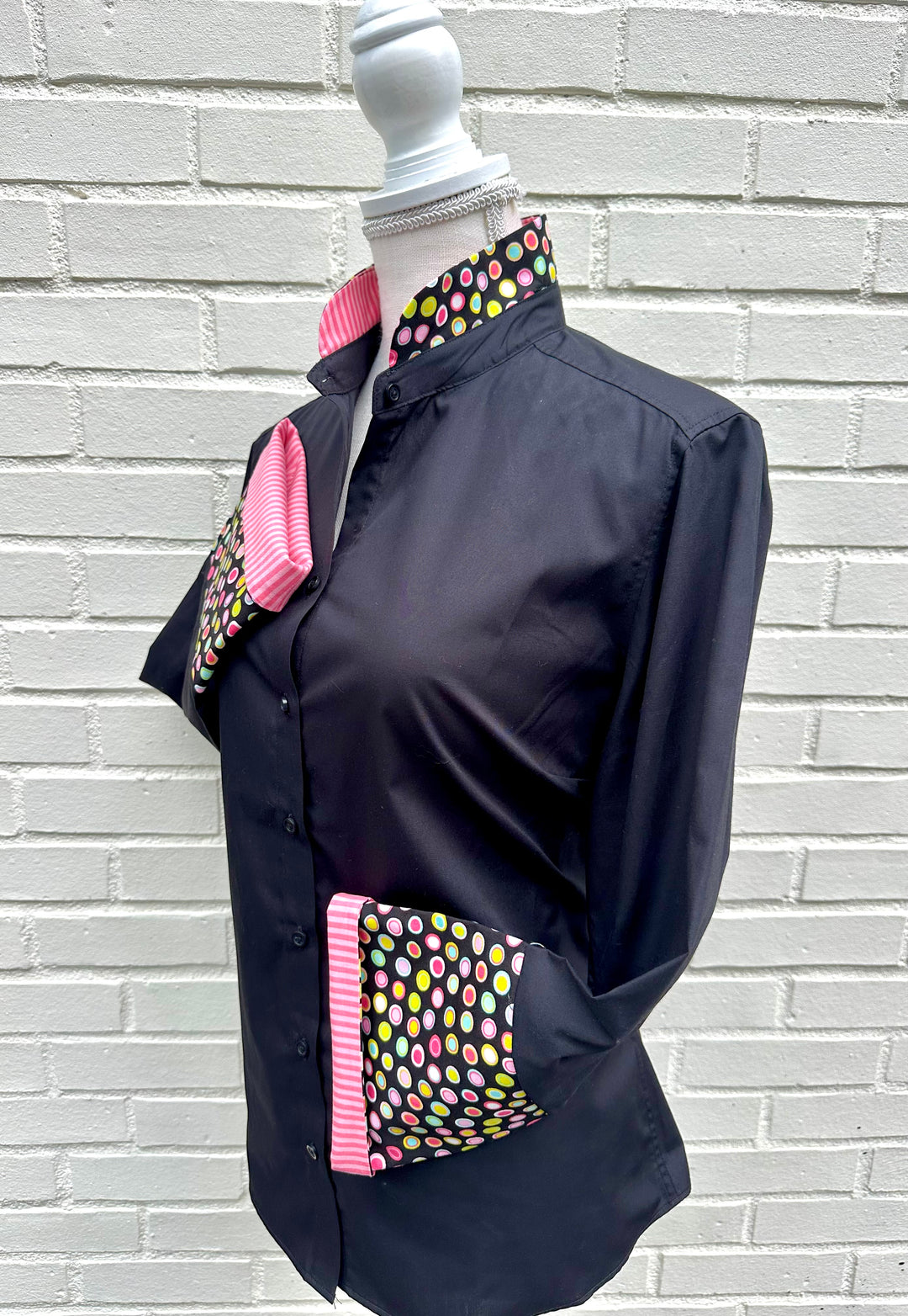 Beth Bell Sleeve - Black w Ditzy Dots & Pink Stripes (LB53)