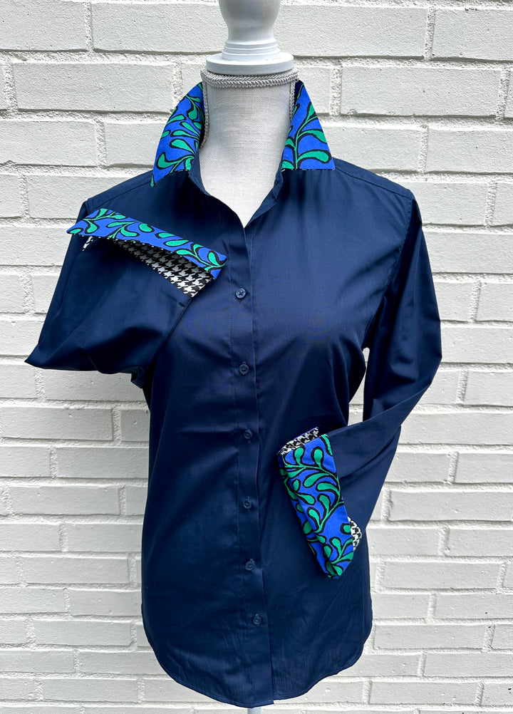 Elizabeth 3/4 Sleeve  - Navy w Houndstooth & Blue Floral (3429)