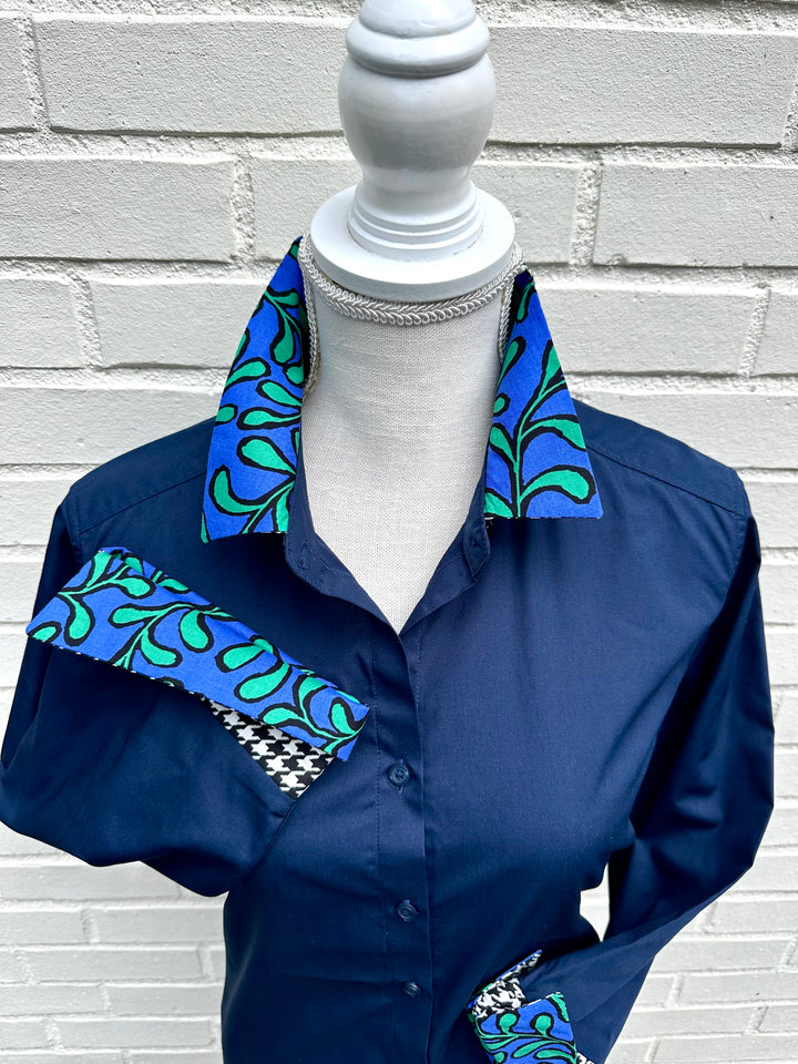 Elizabeth 3/4 Sleeve  - Navy w Houndstooth & Blue Floral (3429)