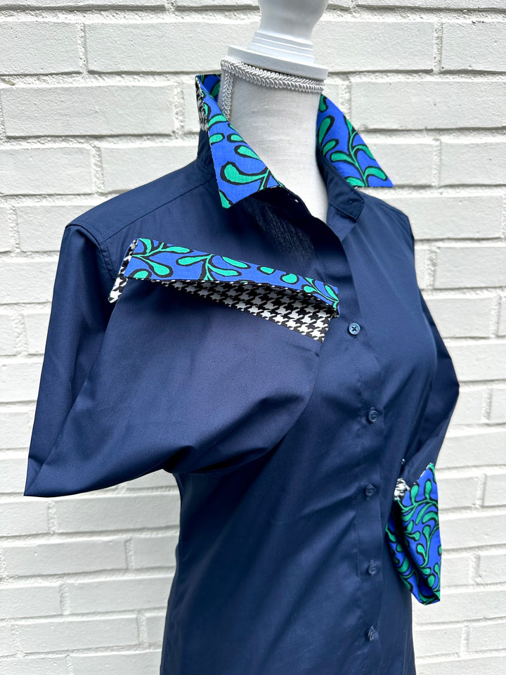 Elizabeth 3/4 Sleeve  - Navy w Houndstooth & Blue Floral (3429)