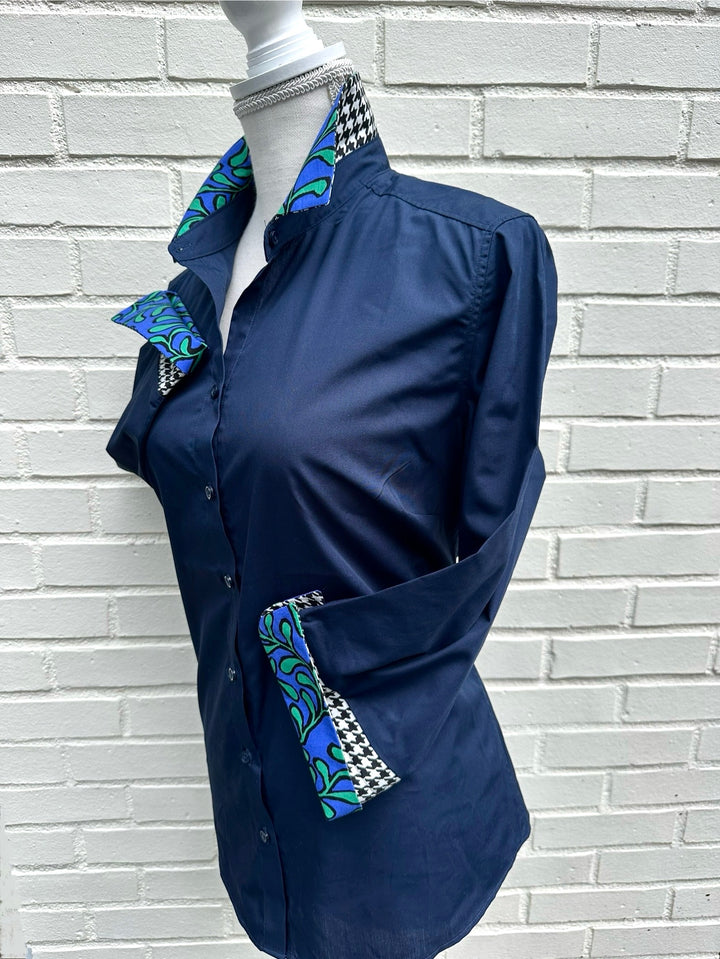 Elizabeth 3/4 Sleeve  - Navy w Houndstooth & Blue Floral (3429)