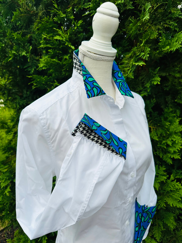 Diana French Cuff White w Blue Floral & Houndstooth (DFC24)