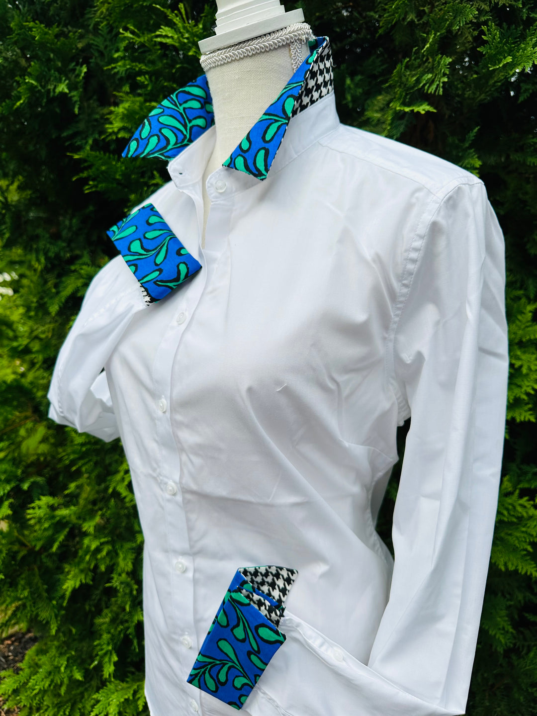 Diana French Cuff White w Blue Floral & Houndstooth (DFC24)