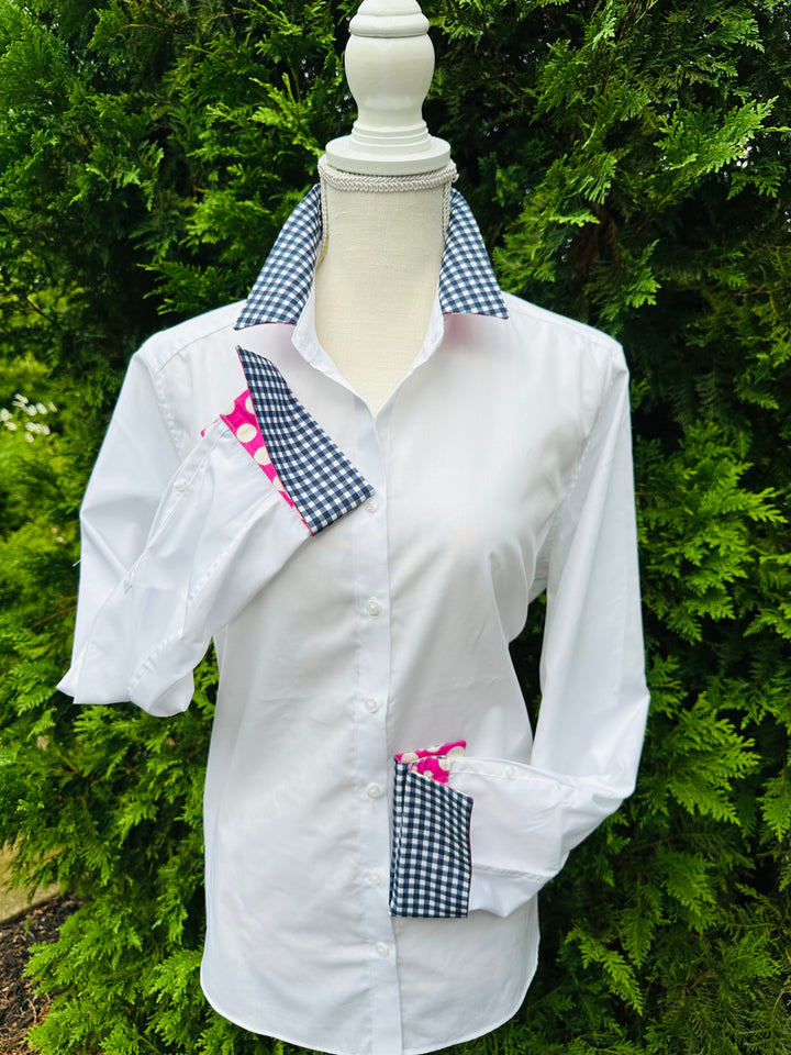 Diana French Cuff White w Navy Check & Pink/White Dots (DFC22)