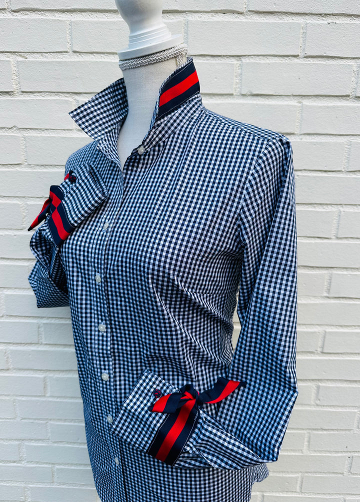 Audrey Navy Gingham Ribbon French Cuff Shirt (RFC46)