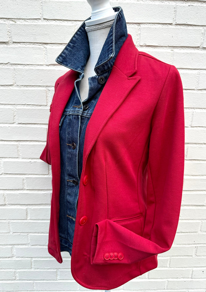Lucy Knit Denim Blazer - Red w Denim (Lucy02)